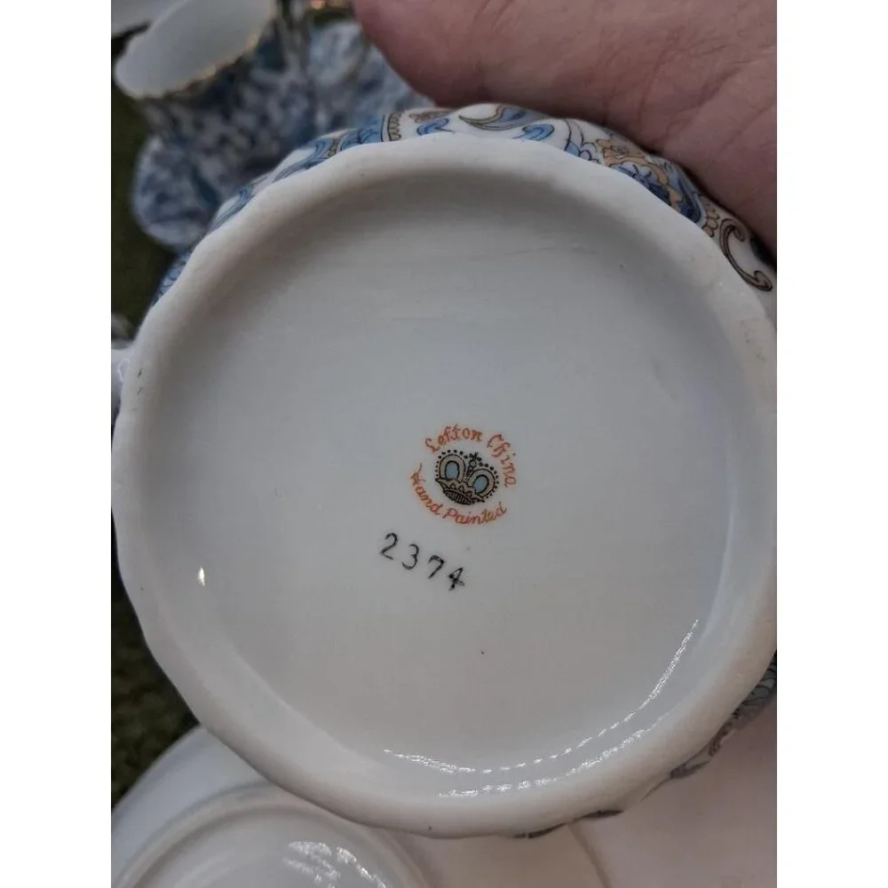 Vintage Lefton China Hand Painted Blue &Gold Floral Tea Set W/Sugar Bowl Cre